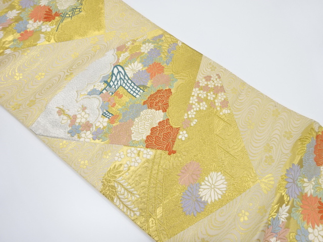 未使用品　桧扇に御所車・牡丹・紅葉模様織り出し袋帯